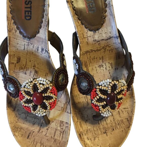 Unlisted Orange Brown Tan beaded Top with Bling cork sandals 7.5M 3 inch wedge - Picture 10 of 16